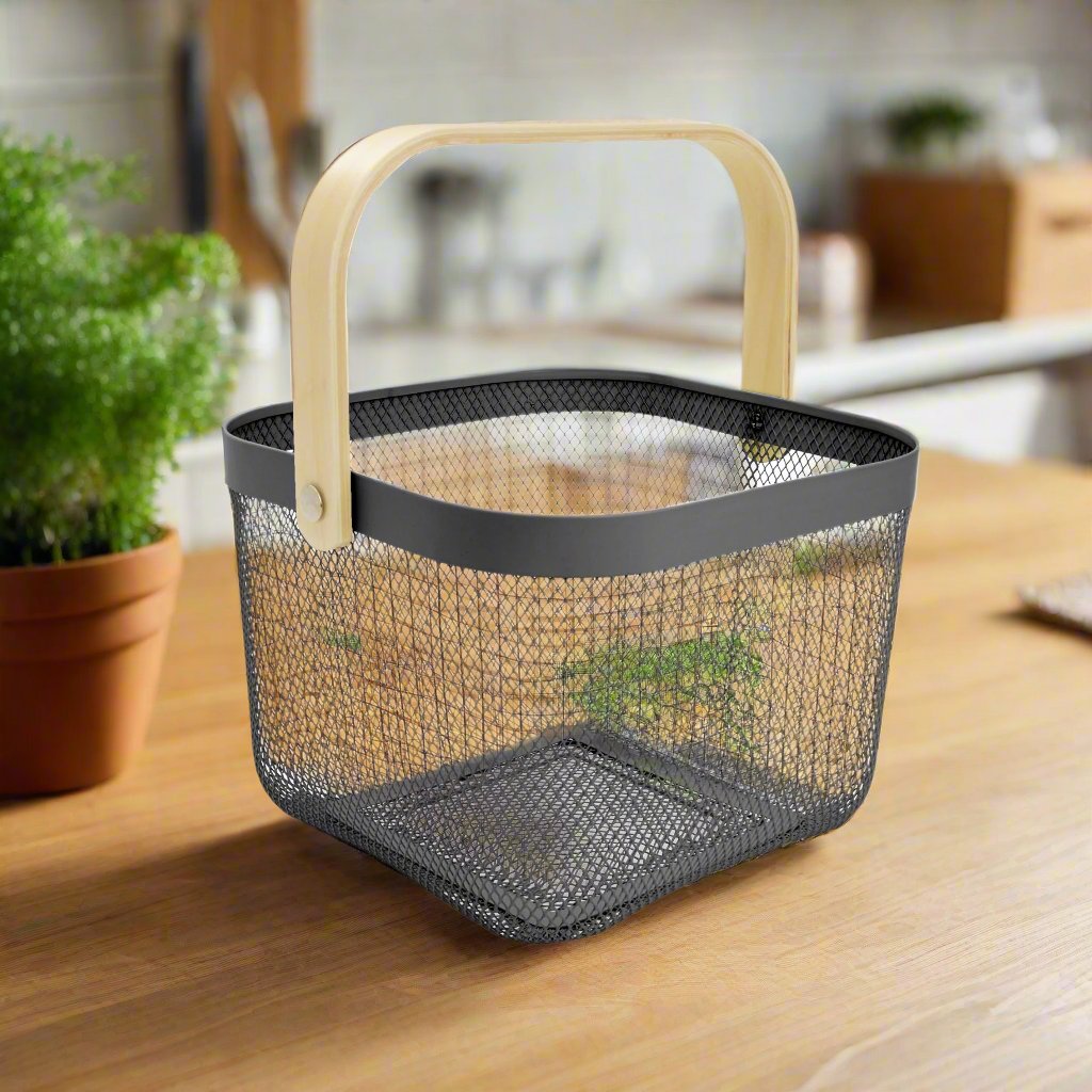 Large Metal Basket with Wooden Handle - Onyx